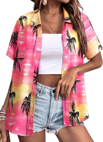 Womens Button Down Hawaiian Shirts Short Sleeve Floral Print Summer V Neck T-Shirt Casual Summer Beach Blouses Tops in Kuwait