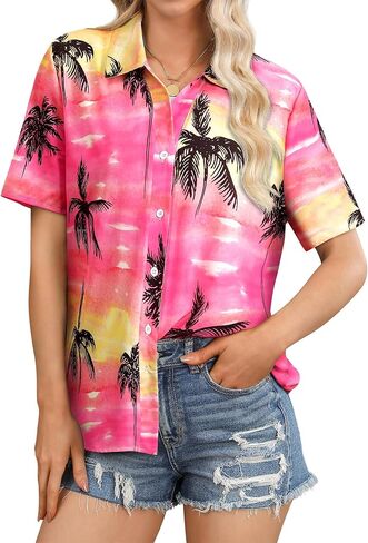 Womens Button Down Hawaiian Shirts Short Sleeve Floral Print Summer V Neck T-Shirt Casual Summer Beach Blouses Tops in Kuwait