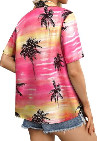 Womens Button Down Hawaiian Shirts Short Sleeve Floral Print Summer V Neck T-Shirt Casual Summer Beach Blouses Tops in Kuwait