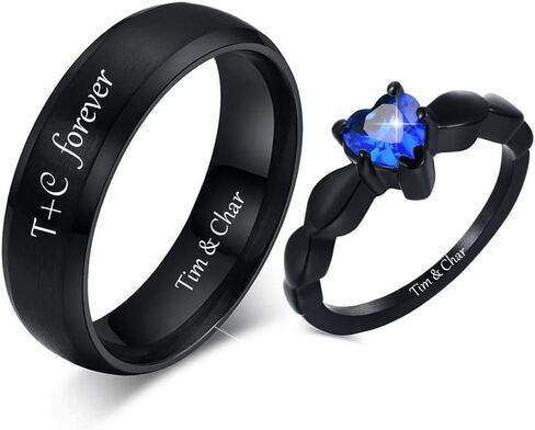 Matching Couple rings Customizable Promise Wedding Rings Set for Him and Her Gold Blue Sapphire Wedding Band Engagement Rings for Women Men's Wedding Bands Tungsten with Engraving Stainless Steel Rings for Couples Valentine's Day Jewelry Gift in Saudi Arabia