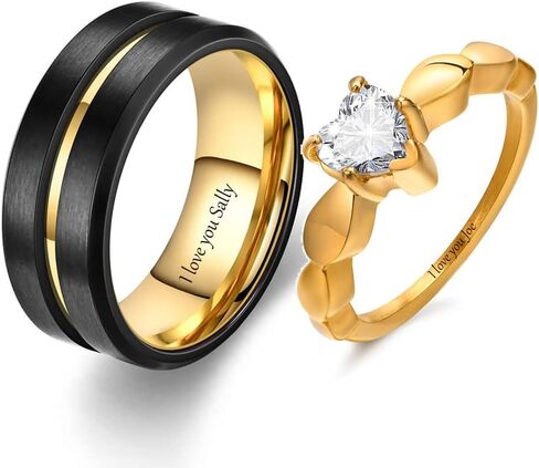 Matching Couple rings Customizable Promise Wedding Rings Set for Him and Her Gold Blue Sapphire Wedding Band Engagement Rings for Women Men's Wedding Bands Tungsten with Engraving Stainless Steel Rings for Couples Valentine's Day Jewelry Gift in Saudi Arabia