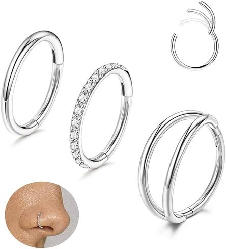 Mjust 3pcs أنف حلقات الأنف - G23 G23 النقي التيتانيوم مفصلي الأطواق الأنف 16G/18G/20G CZ الفقرات الحاجز الأنف حلقة الشفاه الحلزونية الغضروف طوق دافن روك محارة مجوهرات ثقب للنساء الرجال in Kuwait