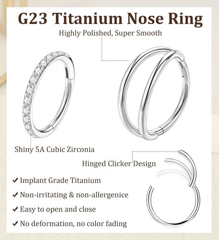 Mjust 3pcs أنف حلقات الأنف - G23 G23 النقي التيتانيوم مفصلي الأطواق الأنف 16G/18G/20G CZ الفقرات الحاجز الأنف حلقة الشفاه الحلزونية الغضروف طوق دافن روك محارة مجوهرات ثقب للنساء الرجال in Kuwait