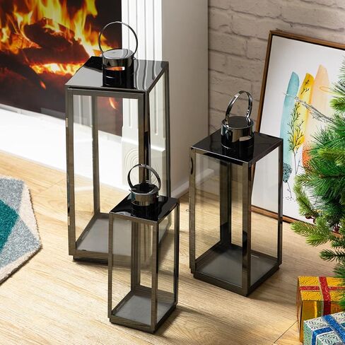 Matico Stainless Decorative Candle Lantern Set of 3, Hanging Decor Hurricane Lantern Candle Holder for Festival Ceremony Home Decor, Both Indoor & Outdoor Use, Black in Saudi Arabia