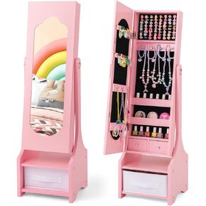 Costzon Kids Jewelry Armoire Cabinet ، 41.5 "منظم المجوهرات الدائم مع مرآة كاملة الطول ، 3 أدراج تخزين ، خزانة ملابس الأطفال الغرور حتى الفتيات الصغيرات (أبيض) in Kuwait