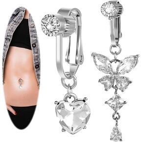 2 Pcs Clip On Fake Belly Button Piercing for Women, Butterfly and Heart Shaped Non-Piercing Silver Fake Belly Button Ring Jewelry for Women in Kuwait