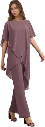 Women's 2 Pieces Mother of The Bride Pant Suits for Wedding Puffy Sleeve Chiffon Formal Evening Pantsuit Outfits Set in Saudi Arabia