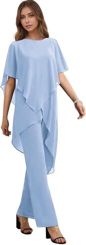 Women's 2 Pieces Mother of The Bride Pant Suits for Wedding Puffy Sleeve Chiffon Formal Evening Pantsuit Outfits Set in Saudi Arabia