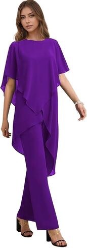 Women's 2 Pieces Mother of The Bride Pant Suits for Wedding Puffy Sleeve Chiffon Formal Evening Pantsuit Outfits Set in Saudi Arabia