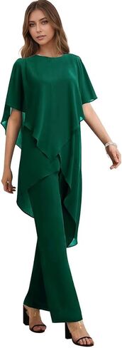 Women's 2 Pieces Mother of The Bride Pant Suits for Wedding Puffy Sleeve Chiffon Formal Evening Pantsuit Outfits Set in Saudi Arabia