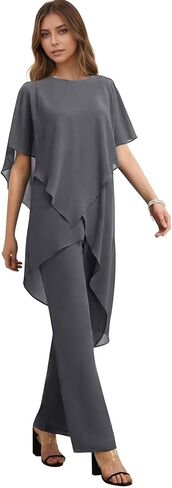 Women's 2 Pieces Mother of The Bride Pant Suits for Wedding Puffy Sleeve Chiffon Formal Evening Pantsuit Outfits Set in Saudi Arabia