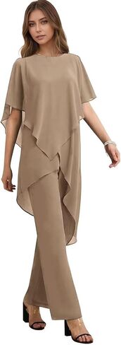 Women's 2 Pieces Mother of The Bride Pant Suits for Wedding Puffy Sleeve Chiffon Formal Evening Pantsuit Outfits Set in Saudi Arabia