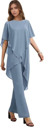 Women's 2 Pieces Mother of The Bride Pant Suits for Wedding Puffy Sleeve Chiffon Formal Evening Pantsuit Outfits Set in Saudi Arabia