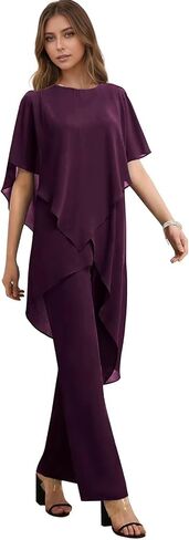 Women's 2 Pieces Mother of The Bride Pant Suits for Wedding Puffy Sleeve Chiffon Formal Evening Pantsuit Outfits Set in Saudi Arabia