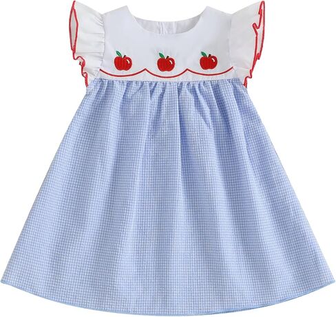 Little Girls Back to School Dress Apple Embroidery Flutter Sleeve Dresses Toddler Kids First Day of School Outfits in Saudi Arabia