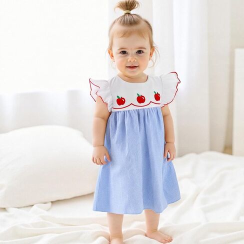 Little Girls Back to School Dress Apple Embroidery Flutter Sleeve Dresses Toddler Kids First Day of School Outfits in Saudi Arabia