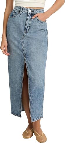 EXPRESS Women's High Waisted Medium Wash Front Slit Maxi Denim Skirt in Saudi Arabia