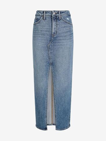 EXPRESS Women's High Waisted Medium Wash Front Slit Maxi Denim Skirt in Saudi Arabia