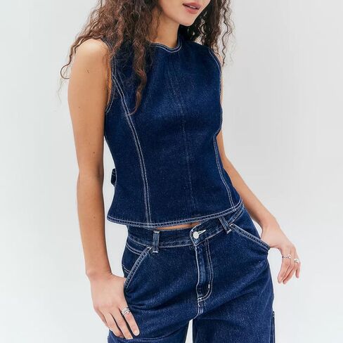 Women Y2k Halter Denim Top Backless Tie Back Slim Fit Jean Vest Sexy Vintage Summer Going Out Tank Tops in Kuwait