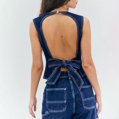 Women Y2k Halter Denim Top Backless Tie Back Slim Fit Jean Vest Sexy Vintage Summer Going Out Tank Tops in Kuwait