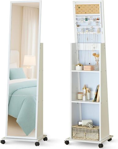 LUXFURNI 63" Full Length Mirror with Storage, 6 LEDs Rotating Jewelry Armoire with Mirror, Standing Mirror Jewelry Cabinet with 4 Wheel, 3 Tall Outer Shelves Lockable Jewelry Organizer Mirror in Saudi Arabia