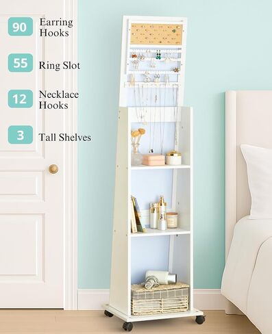 LUXFURNI 63" Full Length Mirror with Storage, 6 LEDs Rotating Jewelry Armoire with Mirror, Standing Mirror Jewelry Cabinet with 4 Wheel, 3 Tall Outer Shelves Lockable Jewelry Organizer Mirror in Saudi Arabia