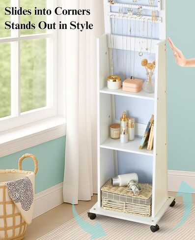 LUXFURNI 63" Full Length Mirror with Storage, 6 LEDs Rotating Jewelry Armoire with Mirror, Standing Mirror Jewelry Cabinet with 4 Wheel, 3 Tall Outer Shelves Lockable Jewelry Organizer Mirror in Saudi Arabia