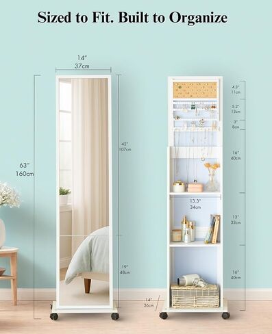 LUXFURNI 63" Full Length Mirror with Storage, 6 LEDs Rotating Jewelry Armoire with Mirror, Standing Mirror Jewelry Cabinet with 4 Wheel, 3 Tall Outer Shelves Lockable Jewelry Organizer Mirror in Saudi Arabia