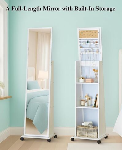 LUXFURNI 63" Full Length Mirror with Storage, 6 LEDs Rotating Jewelry Armoire with Mirror, Standing Mirror Jewelry Cabinet with 4 Wheel, 3 Tall Outer Shelves Lockable Jewelry Organizer Mirror in Saudi Arabia