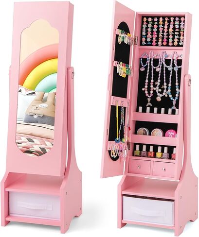 Costzon Kids Jewelry Armoire Cabinet ، 41.5 "منظم المجوهرات الدائم مع مرآة كاملة الطول ، 3 أدراج تخزين ، خزانة ملابس الأطفال الغرور حتى الفتيات الصغيرات (أبيض) in Kuwait