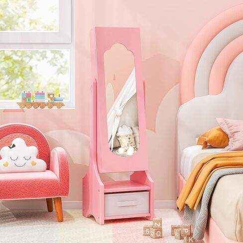 Costzon Kids Jewelry Armoire Cabinet ، 41.5 "منظم المجوهرات الدائم مع مرآة كاملة الطول ، 3 أدراج تخزين ، خزانة ملابس الأطفال الغرور حتى الفتيات الصغيرات (أبيض) in Kuwait