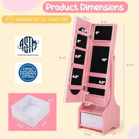 Costzon Kids Jewelry Armoire Cabinet ، 41.5 "منظم المجوهرات الدائم مع مرآة كاملة الطول ، 3 أدراج تخزين ، خزانة ملابس الأطفال الغرور حتى الفتيات الصغيرات (أبيض) in Kuwait
