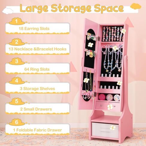 Costzon Kids Jewelry Armoire Cabinet ، 41.5 "منظم المجوهرات الدائم مع مرآة كاملة الطول ، 3 أدراج تخزين ، خزانة ملابس الأطفال الغرور حتى الفتيات الصغيرات (أبيض) in Kuwait
