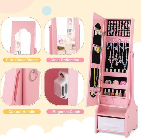 Costzon Kids Jewelry Armoire Cabinet ، 41.5 "منظم المجوهرات الدائم مع مرآة كاملة الطول ، 3 أدراج تخزين ، خزانة ملابس الأطفال الغرور حتى الفتيات الصغيرات (أبيض) in Kuwait