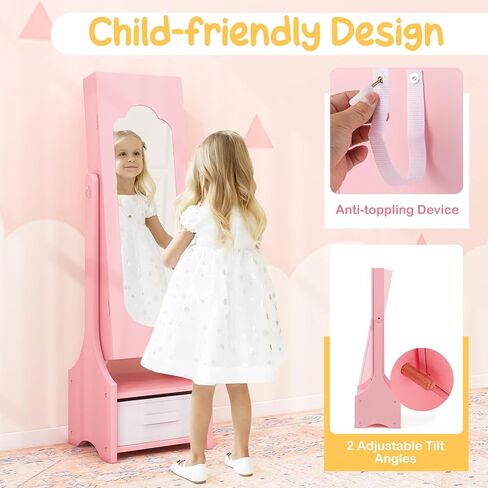 Costzon Kids Jewelry Armoire Cabinet ، 41.5 "منظم المجوهرات الدائم مع مرآة كاملة الطول ، 3 أدراج تخزين ، خزانة ملابس الأطفال الغرور حتى الفتيات الصغيرات (أبيض) in Kuwait