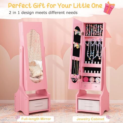 Costzon Kids Jewelry Armoire Cabinet ، 41.5 "منظم المجوهرات الدائم مع مرآة كاملة الطول ، 3 أدراج تخزين ، خزانة ملابس الأطفال الغرور حتى الفتيات الصغيرات (أبيض) in Kuwait