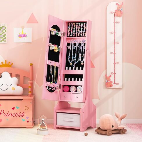 Costzon Kids Jewelry Armoire Cabinet ، 41.5 "منظم المجوهرات الدائم مع مرآة كاملة الطول ، 3 أدراج تخزين ، خزانة ملابس الأطفال الغرور حتى الفتيات الصغيرات (أبيض) in Kuwait