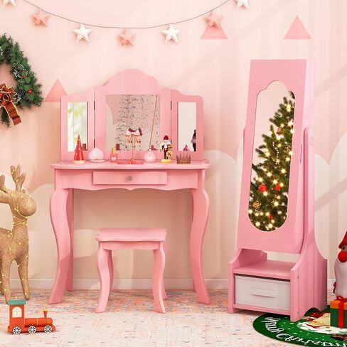 Costzon Kids Jewelry Armoire Cabinet ، 41.5 "منظم المجوهرات الدائم مع مرآة كاملة الطول ، 3 أدراج تخزين ، خزانة ملابس الأطفال الغرور حتى الفتيات الصغيرات (أبيض) in Kuwait