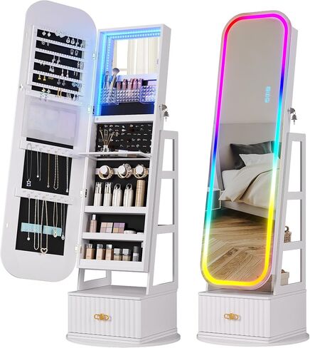 360°Swivel jewelry organizer with Full Length Mirror with Lights,Jewelry Armoires Cabinet Standing with Drawer,Large Mirror Storage for Jewelry and Makeup（White） in Saudi Arabia