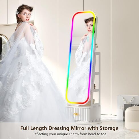 360°Swivel jewelry organizer with Full Length Mirror with Lights,Jewelry Armoires Cabinet Standing with Drawer,Large Mirror Storage for Jewelry and Makeup（White） in Saudi Arabia