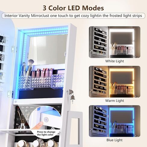 360°Swivel jewelry organizer with Full Length Mirror with Lights,Jewelry Armoires Cabinet Standing with Drawer,Large Mirror Storage for Jewelry and Makeup（White） in Saudi Arabia