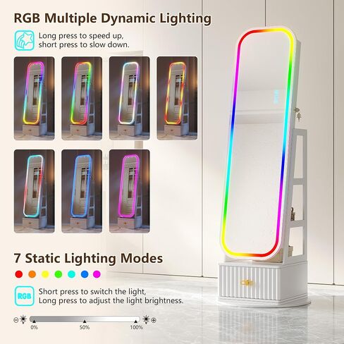 360°Swivel jewelry organizer with Full Length Mirror with Lights,Jewelry Armoires Cabinet Standing with Drawer,Large Mirror Storage for Jewelry and Makeup（White） in Saudi Arabia