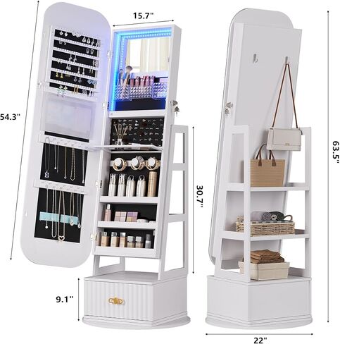 360°Swivel jewelry organizer with Full Length Mirror with Lights,Jewelry Armoires Cabinet Standing with Drawer,Large Mirror Storage for Jewelry and Makeup（White） in Saudi Arabia