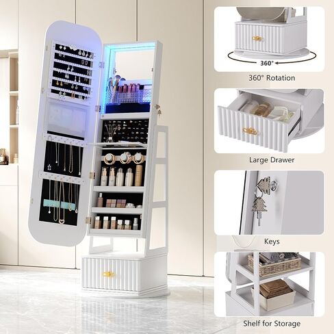 360°Swivel jewelry organizer with Full Length Mirror with Lights,Jewelry Armoires Cabinet Standing with Drawer,Large Mirror Storage for Jewelry and Makeup（White） in Saudi Arabia