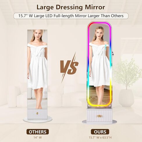 360°Swivel jewelry organizer with Full Length Mirror with Lights,Jewelry Armoires Cabinet Standing with Drawer,Large Mirror Storage for Jewelry and Makeup（White） in Saudi Arabia