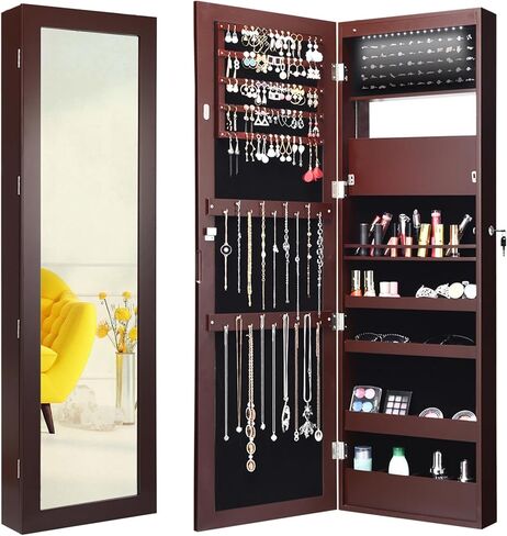 Giantex LED LED مجوهرات خزانة الباب مثبتة على الحائط معلقة ، مجوهرات قابلة للقفل مع مرآة 47.2 '' الطول الكامل ، علبة مكياج قابلة للطي ، حاملي فرشاة أحمر الشفاه ، منظم تخزين المجوهرات (أسود) in Saudi Arabia