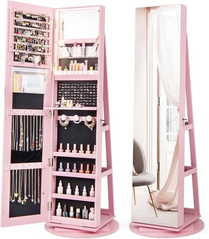 LOKO 360° Swivel Jewelry Cabinet, Lockable Jewelry Organizer with Rear Storage Shelves, Standing Jewelry Armoire with Full-Length Mirror & 3-Color LED Lights, for Girls Women, Bedroom (White) in Kuwait
