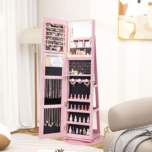 LOKO 360° Swivel Jewelry Cabinet, Lockable Jewelry Organizer with Rear Storage Shelves, Standing Jewelry Armoire with Full-Length Mirror & 3-Color LED Lights, for Girls Women, Bedroom (White) in Kuwait