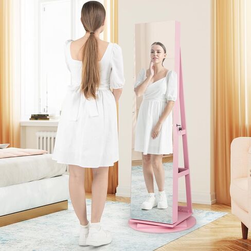 LOKO 360° Swivel Jewelry Cabinet, Lockable Jewelry Organizer with Rear Storage Shelves, Standing Jewelry Armoire with Full-Length Mirror & 3-Color LED Lights, for Girls Women, Bedroom (White) in Kuwait