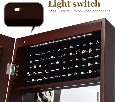 Giantex LED LED مجوهرات خزانة الباب مثبتة على الحائط معلقة ، مجوهرات قابلة للقفل مع مرآة 47.2 '' الطول الكامل ، علبة مكياج قابلة للطي ، حاملي فرشاة أحمر الشفاه ، منظم تخزين المجوهرات (أسود) in Saudi Arabia